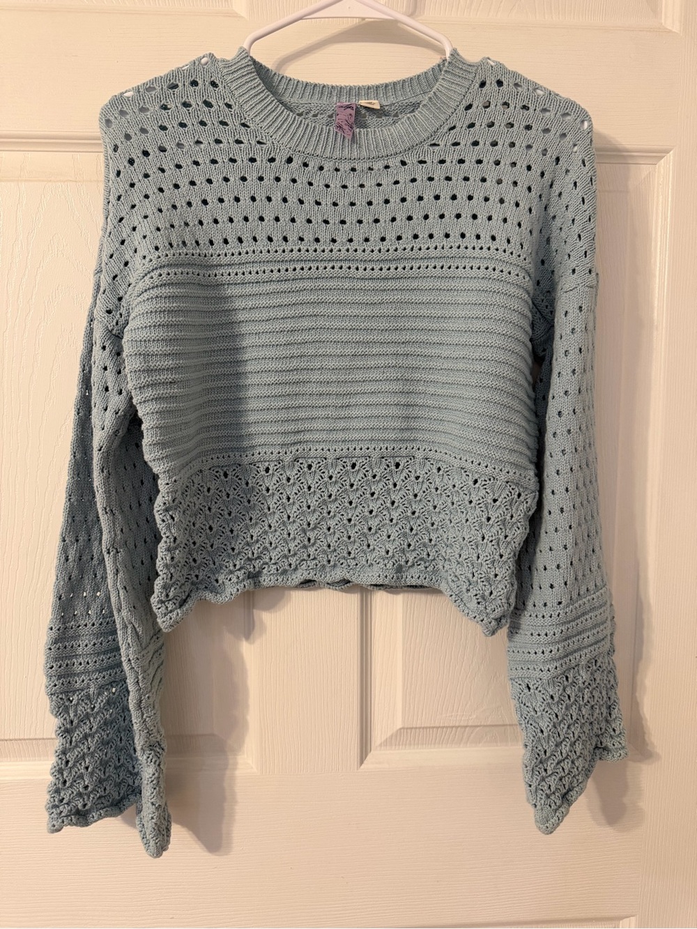 NWOT Francesca's Collections Pastel Blue Crochet-Textured Crew Sweater